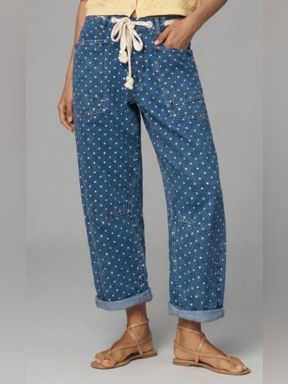 NEW Aaron & Amber Moxie Polka Dot Denim Barrel Jeans Pants Drawstring Waist
